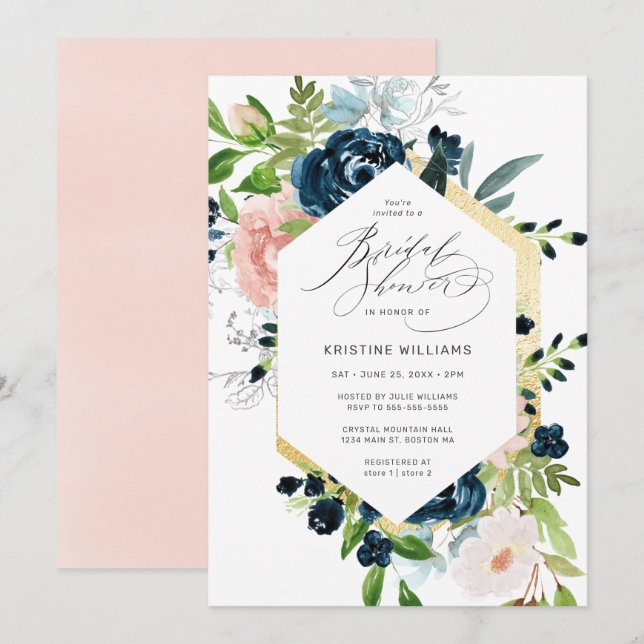 Invitation Fête de l'mariée florale Rose bleu de Chic Blush N (Devant / Derrière)