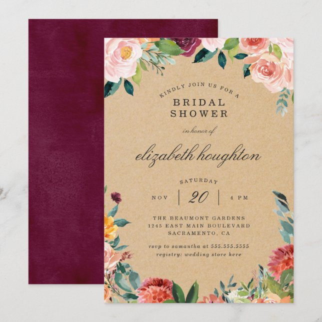 Invitation Fête de l'mariée florale Russe Kraft Burgundy Blus (Devant / Derrière)
