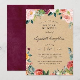 Invitation Fête de l'mariée florale Russe Kraft Burgundy Blus