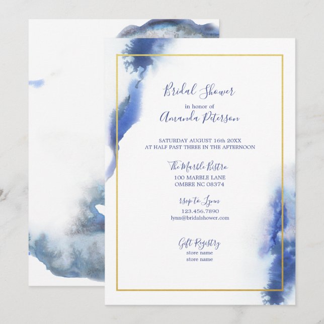 Invitation Fête de l'mariée Gold Frame en marbre bleu (Devant / Derrière)
