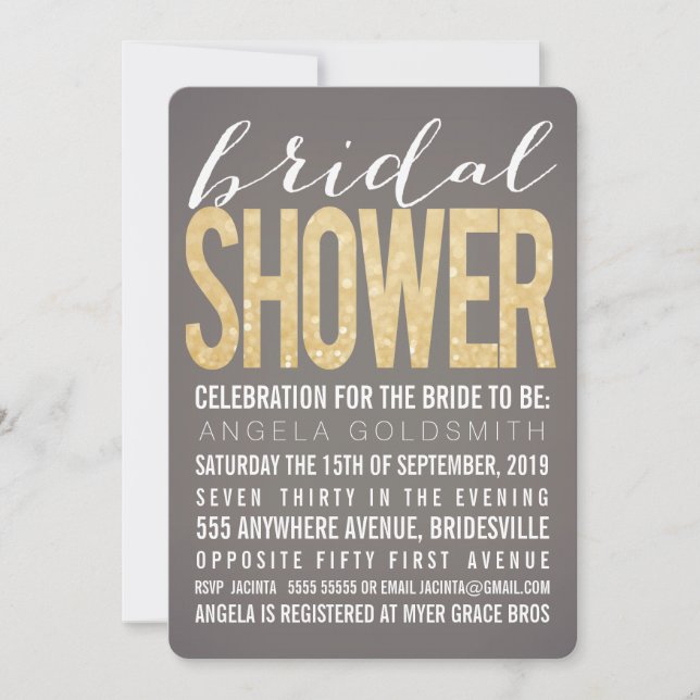 Invitation Fête de l'mariée Gold Parties scintillant Gray Par (Devant)