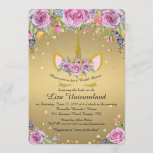 Invitation Fête de l'mariée Hommage, licorne, or métallique,