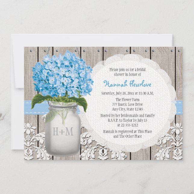 Invitation Fête de l'mariée Mason Jar Monogramme Blue Hydrang (Devant)