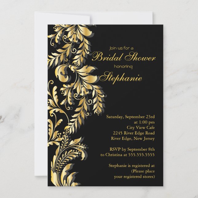 Invitation Fête de l'mariée moderne à feuilles noires d'or (Devant)