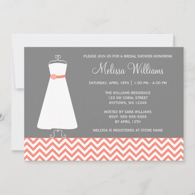 Invitation Fête de l'mariée moderne Chevron Gown Coral Grey (Devant)