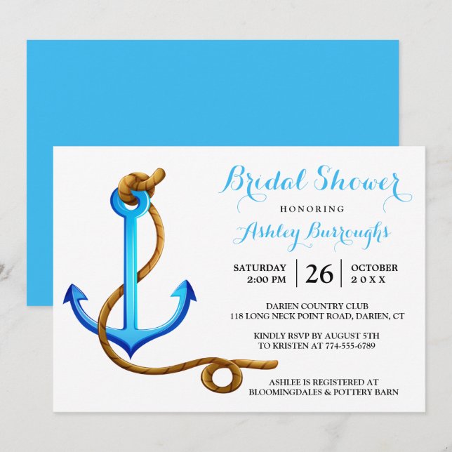 Invitation Fête de l'mariée nautique Ancre bleu turquoise (Devant / Derrière)