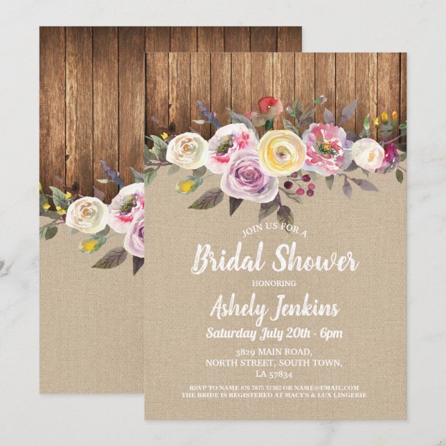 Invitation Fête de l'mariée Party Rustic Wood Rustic Floral (Devant / Derrière)