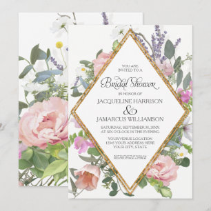 Invitation Fête de l'mariée Peony Lavender Gold Floral Élégan