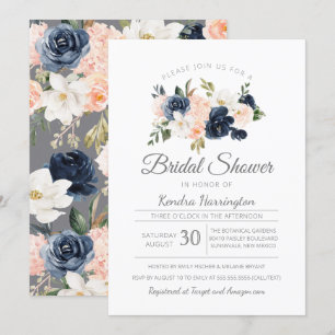Invitation Fête de l'mariée rose bleue de la marine florale d