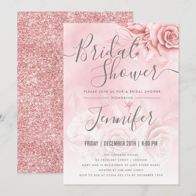 Invitation Fête de l'mariée Rose de Parties scintillant flora (Devant / Derrière)