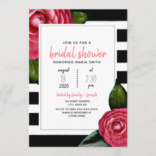 Invitation Fête de l'mariée rose florale Noir + Bande blanche