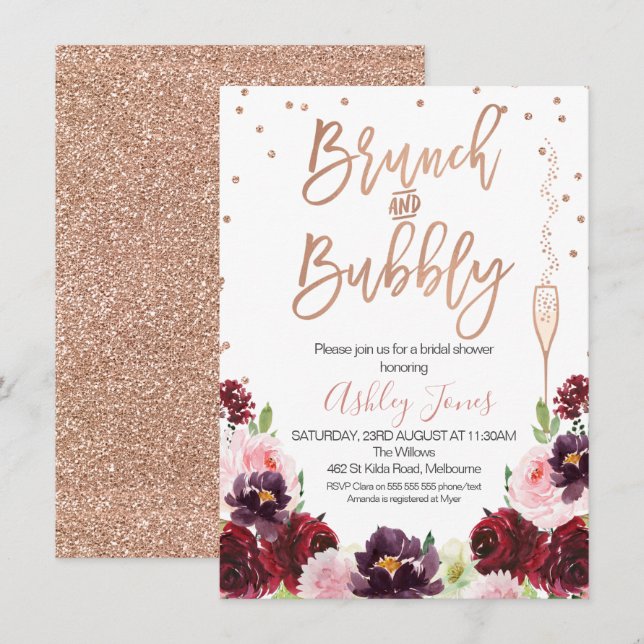 Invitation Fête de l'mariée Rose Gold Burgund Floral Brunch (Devant / Derrière)