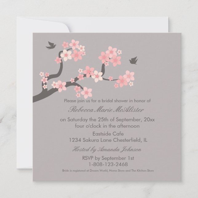 Invitation Fête de l'mariée rose/gris en fleurs de cerisiers  (Devant)