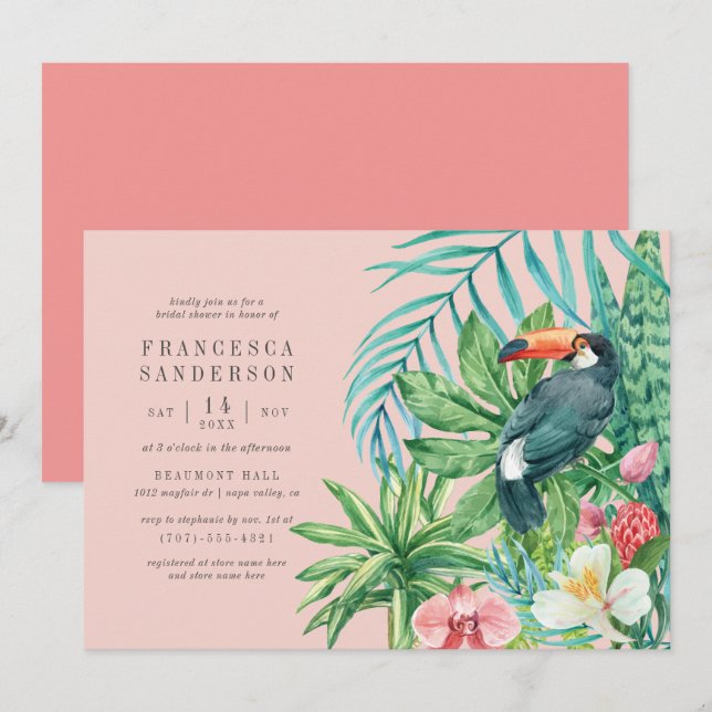 Invitation Fête de l'mariée rose pâle du Toucan et des fleurs (Devant / Derrière)