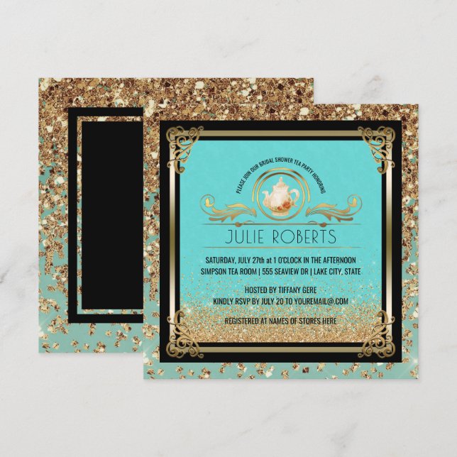 Invitation Fête de l'mariée Tea Party Blue Gold (Devant / Derrière)