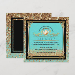 Invitation Fête de l'mariée Tea Party Blue Gold