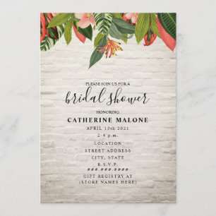 Invitation Fête de l'mariée tropicale en briques blanches