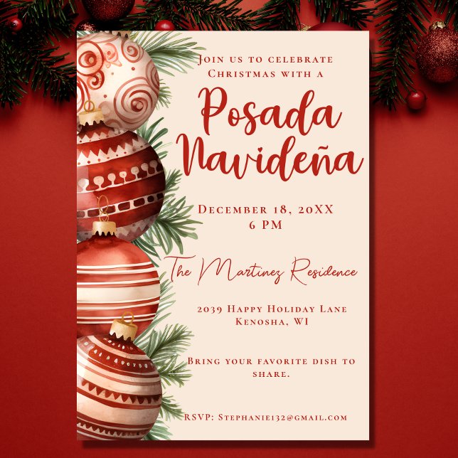 Invitation Fête de l'Ornement Rouge Mexicaine Posada Navideña (Créateur téléchargé)