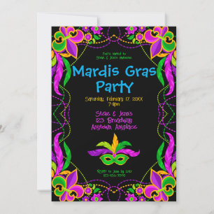 Invitation Fête de Mardi Gras néon brillant