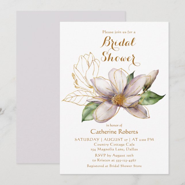 Invitation Fête de mariage aquarelle fleurs de magnolia viole (Devant / Derrière)