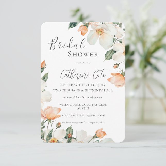 Invitation Fête de mariage aquarelle florale pêche (Debout devant)