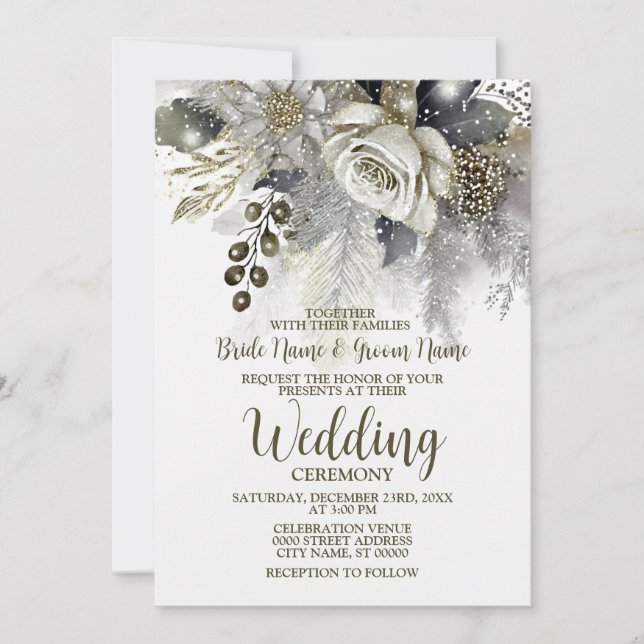 Invitation Fête de mariage Argent Golden White Roses Fleurs (Devant)