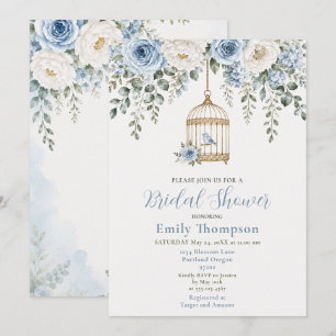 Invitation Fête de mariage avec cage à oiseaux florale bleue