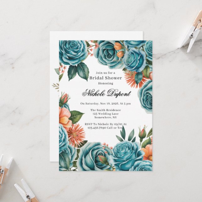 Invitation Fête de mariage avec des roses sarcelles et des fl (Devant/Arrière en situation)