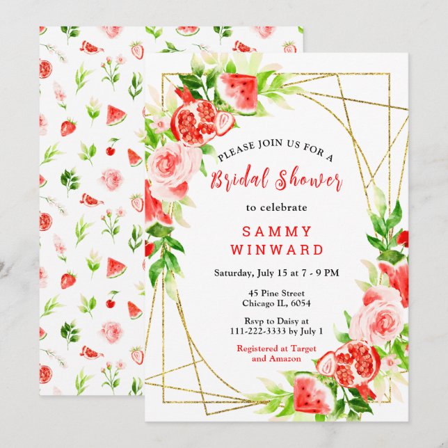 Invitation Fête de mariage avec pastèque et grenade (Devant / Derrière)