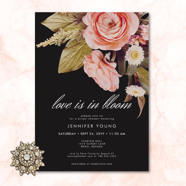 Invitation Fête de mariage Black Moody Pink Love Is In Bloom (Black Moody Pink Love Is In Bloom Bridal Shower Invitation)