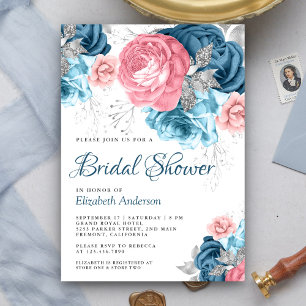 Invitation Fête de mariage champêtre poussiéreux bleu rose fl