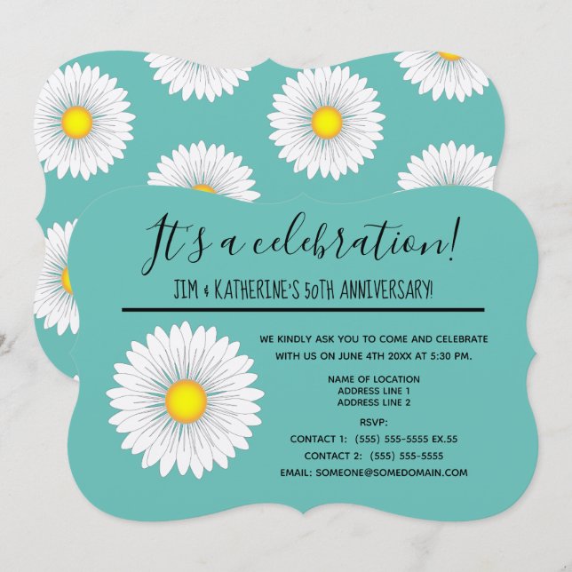Invitation Fête de mariage de 50 ans Teal Pretty Little Daisy (Devant / Derrière)