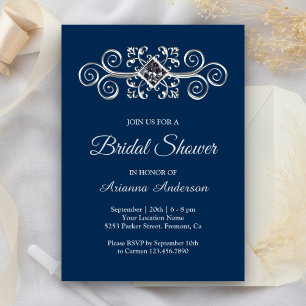 Invitation Fête de mariage diamantée Navy Blue Silver Flouris