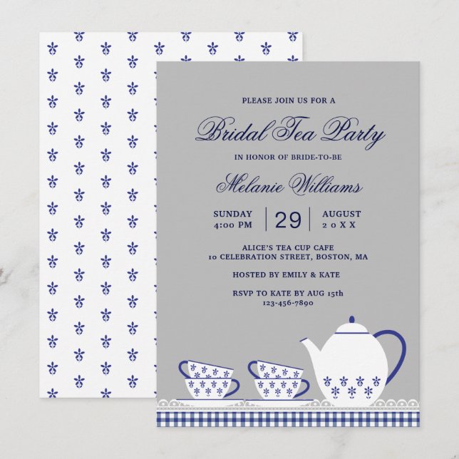 Invitation Fête de mariage élégante bleue grise florale pour  (Devant / Derrière)