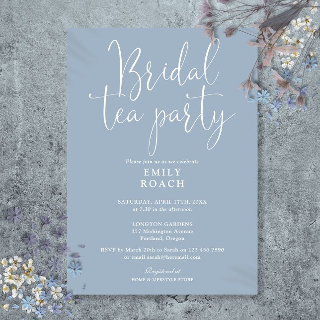 Invitation Fête de mariage élégante et poussiéreuse avec écri (Dusty Blue Elegant Script Bridal Tea Party Shower Invitation)