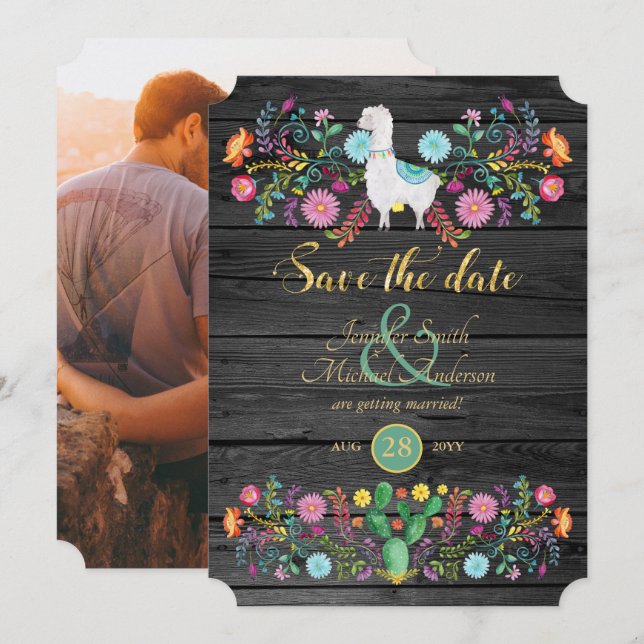 Invitation Fête de mariage Épargnez la date Lama fleurs folkl (Devant / Derrière)