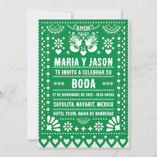 Invitation Fête de mariage espagnol en papier découpé vert, a