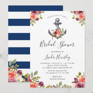 Invitation Fête de mariage floral à rayures nautiques et ancr