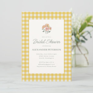 Invitation Fête de mariage Floral Gingham Jaune Aquarelle