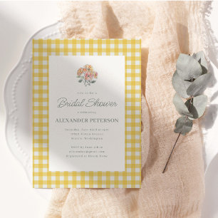 Invitation Fête de mariage Floral Gingham Jaune Aquarelle