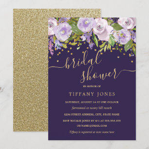 Invitation Fête de mariage Floral Gold Purple Confetti