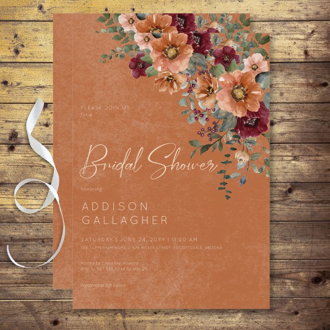 Invitation Fête de mariage Floral Rustique d'Automne Rust & V (Fall Rustic Rust & Wine Floral Bridal Shower Invitation)