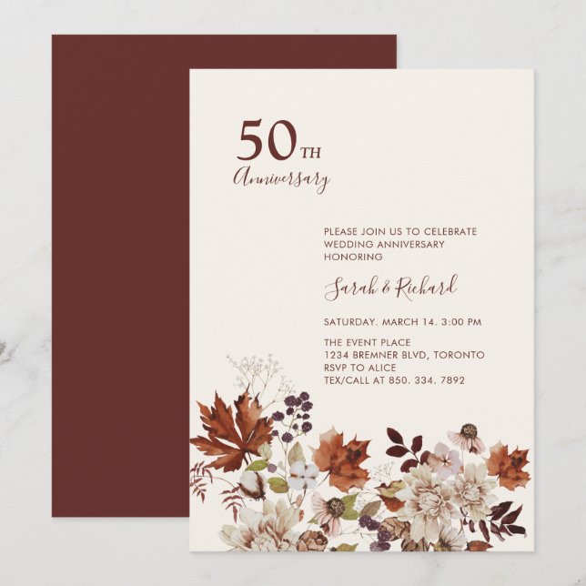 Invitation Fête de mariage florale automnale rustique pour an (Devant / Derrière)