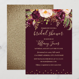 Invitation Fête de mariage florale confettis bordeaux rouge d