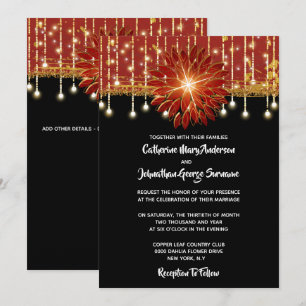 Invitation Fête de mariage florale noire et rouge or