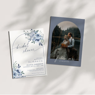 Invitation Fête de mariage Florale Photo Aquarelle Bleu Pouss