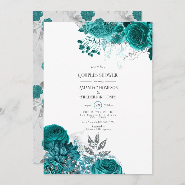 Invitation Fête de mariage florale sarcelle et argent (Devant / Derrière)