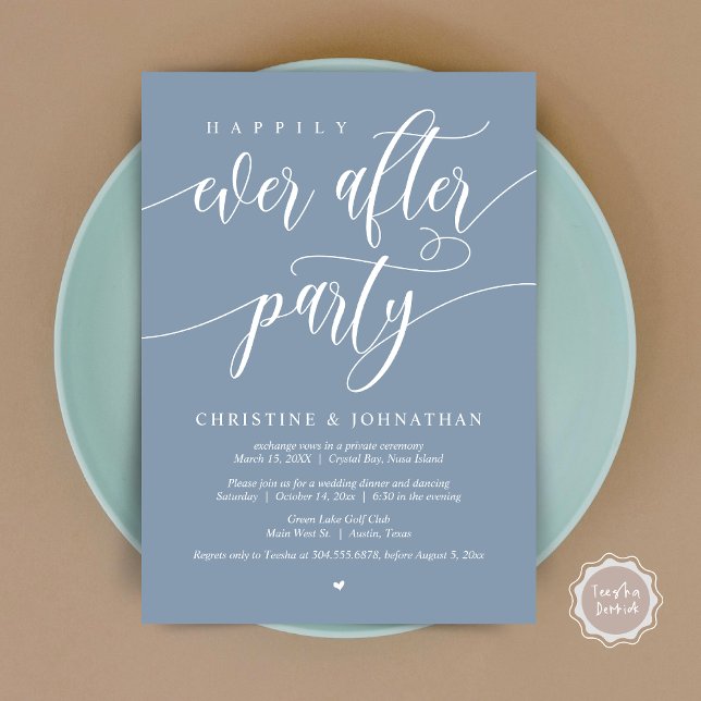 Invitation Fête de Mariage "Heureux Pour Toujours", Dîner Int (Happily Ever After Party, Wedding Elopement Dinner Invitation Card, PDF, in Dusty Blue)