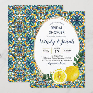 Invitation Fête de mariage Italien Carreaux Bleus Citron Main