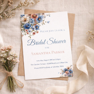 Invitation Fête de Mariage Jardin de Fleurs Sauvages Bleu Pou